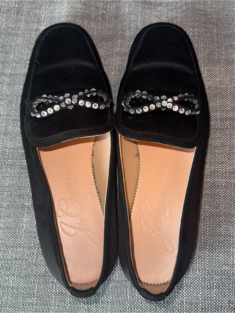JCrew Marie Crystal Bow Black Satin and leather loafers size 8.5 women’s